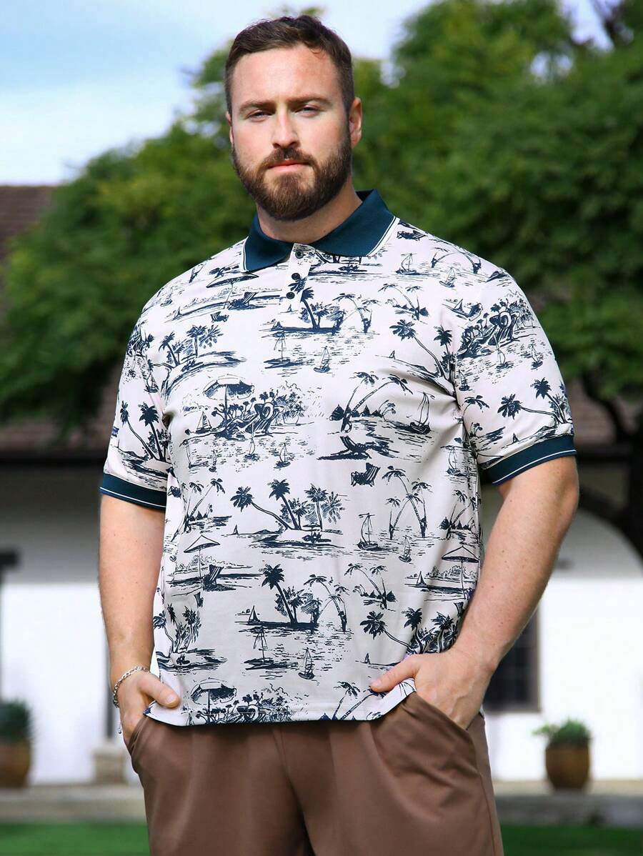 Genlund Men's Plus Size Palm Tree Printed Short Sleeve Polo Shirt - Multicolor - View 1