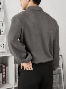 Manfinity Homme 男士下垂肩長袖撞色polo衫 - 深灰色 - 查看 2