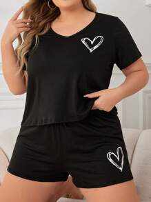 大码女式简约心形印花短袖 T 恤和短裤睡衣套装睡衣套装 - 黑色 - 查看 4