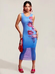 SHEIN PETITE Women's Butterfly Lips Printed Dress - Blue - View 3