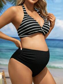 SHEIN Summer Beach Maternity Striped Halter Top And Plain Triangle Bottom Bikini Set, Maternity Bathing Suit - Black and White - View 5