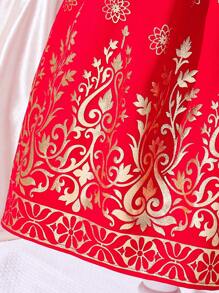 SHEIN 女童短袖泡泡袖金色花卉圖案洋裝 - 紅色 - 查看 3