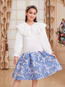 SHEIN 少女可愛復古宮廷風格荷葉邊襯衫和裙子套裝 - 藍色 - 查看 6