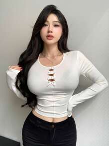 DAZY Của phụ nữ Vòng cổ Bowknot Trang trí Xu hướng: Cắt giảm Tay áo dài Áo thun - trắng - Xem 2
