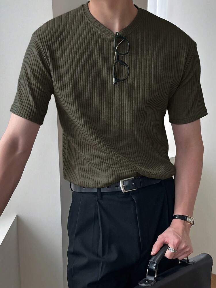 Men's Solid Color Ribbed Short Sleeve T-Shirt For Summer