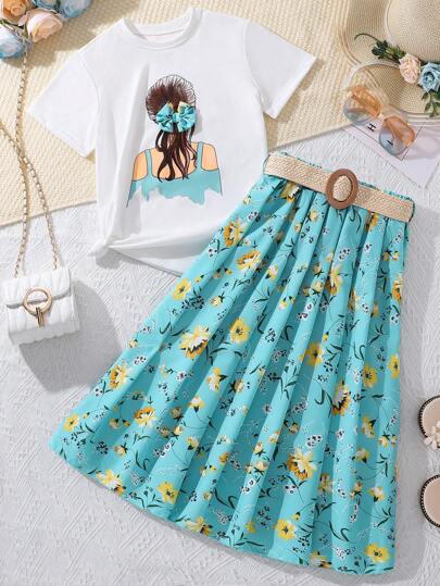 Tween Girls' Back Print Short Sleeve T-Shirt And Floral Print Skirt With Belt Set