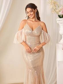SHEIN Belle Women's Open Shoulder Sequined Bridesmaid Dress