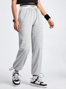 Street Sport Women's Letter Print Drawstring Joggers With Cuffed Hem - Grey - View 1