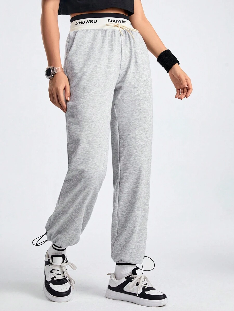 Street Sport Women's Letter Print Drawstring Joggers With Cuffed Hem - Grey - View 1