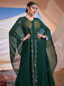 Al Najma Women's Sparkling Rhinestone Batwing Sleeve Arabic Style Kaftan Dress, Evening Loose Dress, Elegant Evening Party Dress