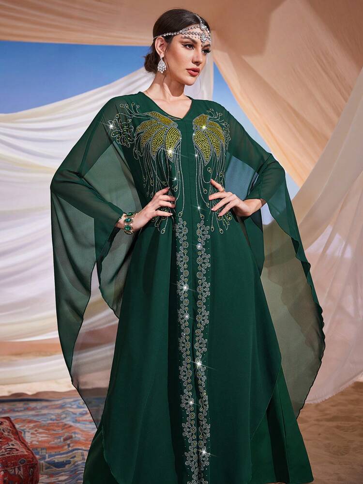 Women's Sparkling Rhinestone Batwing Sleeve Arabic Style Kaftan Dress, Evening Loose Dress, Elegant Evening Party Dress