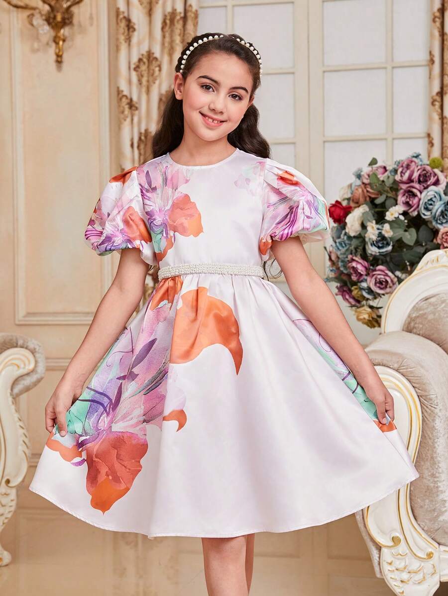 SHEIN Tween Girls' Cute Light Palace Style Round Neck Puff Sleeve Floral Print Dress - Pink - View 1