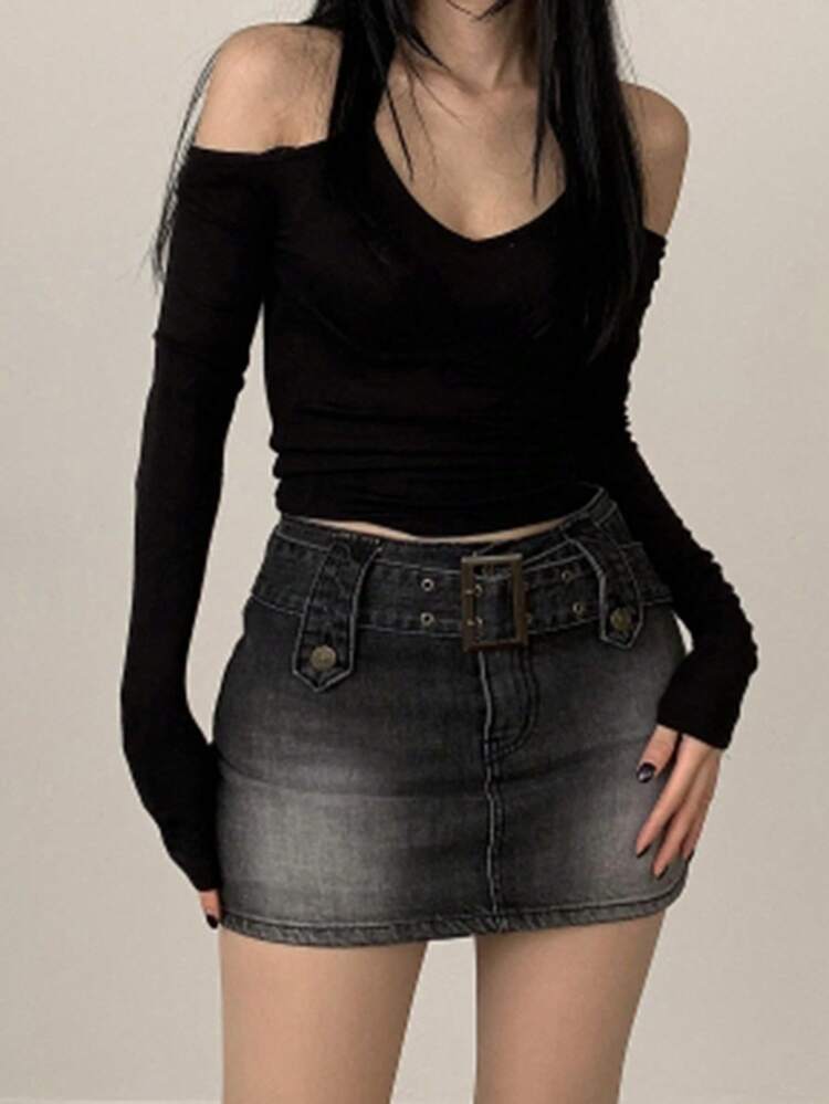 Women's Solid Color Open Shoulder Long Sleeve T-Shirt With Pleats Summer,Fall Women Clothes