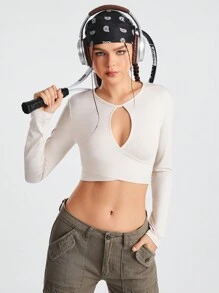 SHEIN Sport Studio Women's Cut Out Crop Top Compression Sports T-Shirt