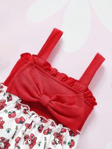 HELLO KITTY AND FRIENDS | SHEIN 嬰兒女孩卡通圖形荷葉邊裝飾蝴蝶結前開叉連體衣 - 珊瑚粉 - 查看 4