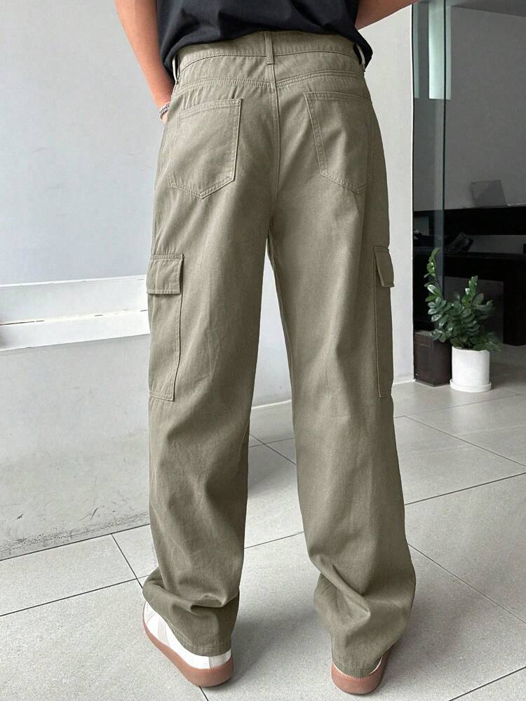 Men's Solid Color Cargo Pocket Straight Loose Casual Pants, Autumn, Fall Men Joggers