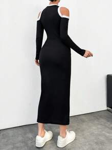 EURMUSE Black-White Cut Out Bodycon Dress - Black and White - View 2