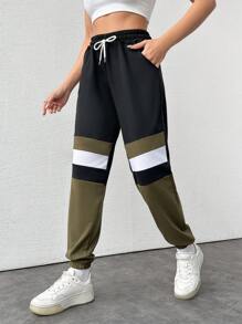 EURMUSE Women's Color Block Drawstring Waist Tapered Joggers - Army Green - View 4