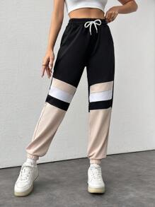 SHEIN Cottnline Women's Color Block Drawstring Waist Cuffed Jogger Pants - Beige - View 5