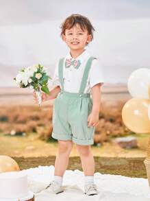 Toddler Boys' Bow Tie Short Sleeve Shirt With Suspenders Shorts Set - White - View 4