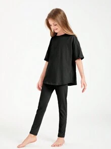 SHEIN Tween Girl Cotton Drop Shoulder Top & Leggings Set - Black - View 4