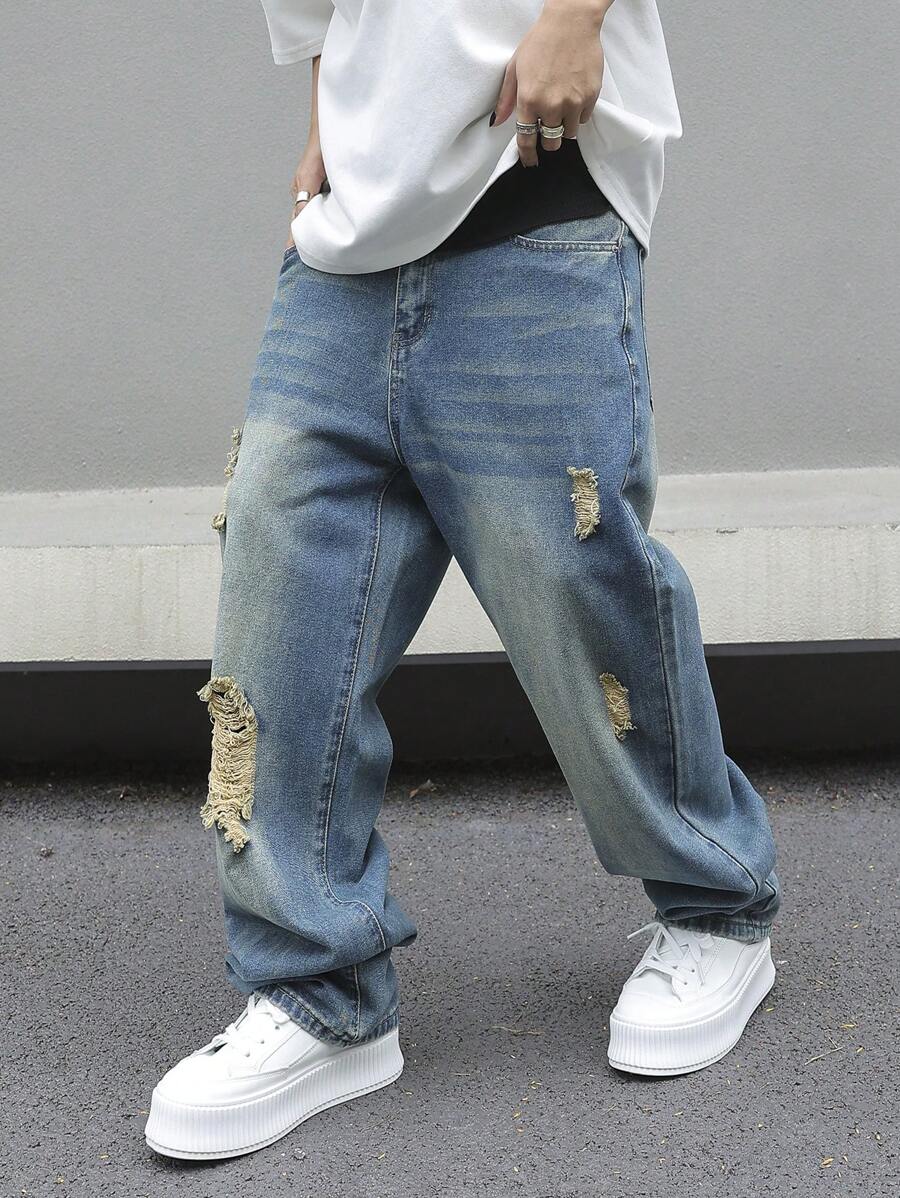 Manfinity Roghcode 男士直筒破洞休閒牛仔褲超大尺寸長款磨邊牛仔工裝褲純色深藍色派對街頭風格說唱歌手 - 淺色水洗藍 - 查看 1