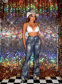 SHEIN SXY Ladies' Metallic Texture Flared Pants