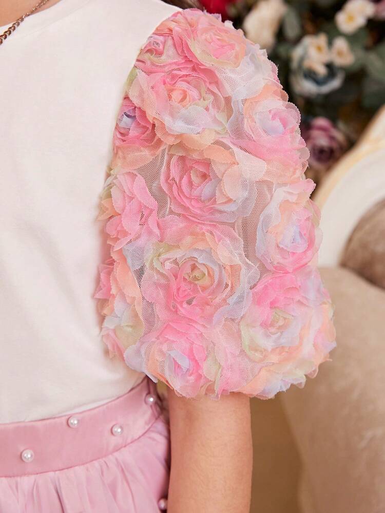 Tween Girls' Cute Floral Applique Round Neck Puff Sleeve T-Shirt