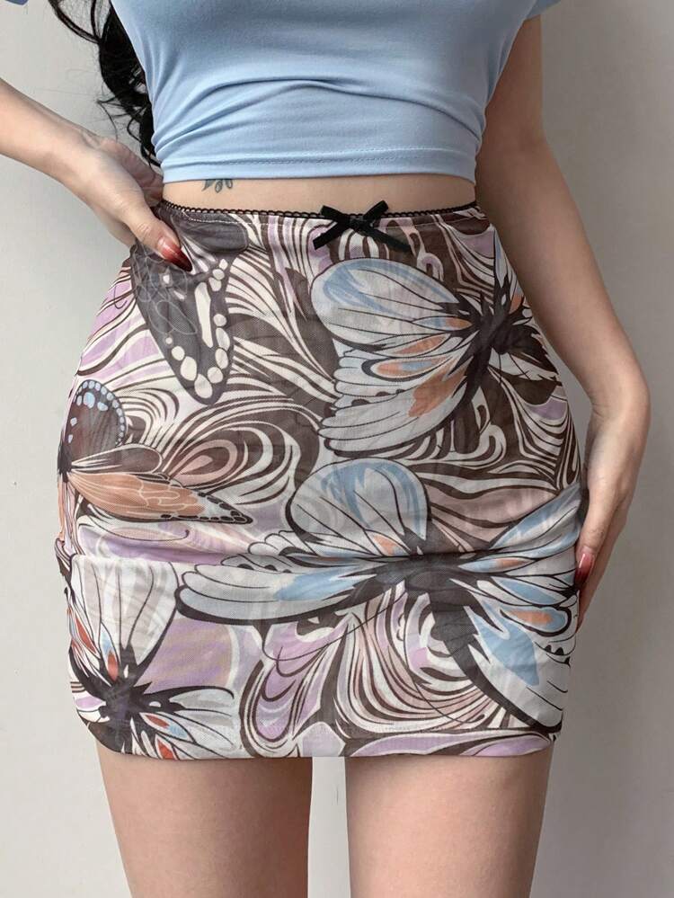 Women's Butterfly Print Mesh Skirt Fall Skirts