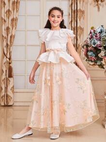 SHEIN Tween Girls' Gorgeous Holiday Round Neck Ruffle Trim Top & Flower Embroidered Mesh Skirt Set - Pink - View 2