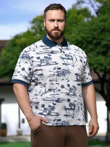 Genlund Men's Plus Size Palm Tree Printed Short Sleeve Polo Shirt - Multicolor - View 4