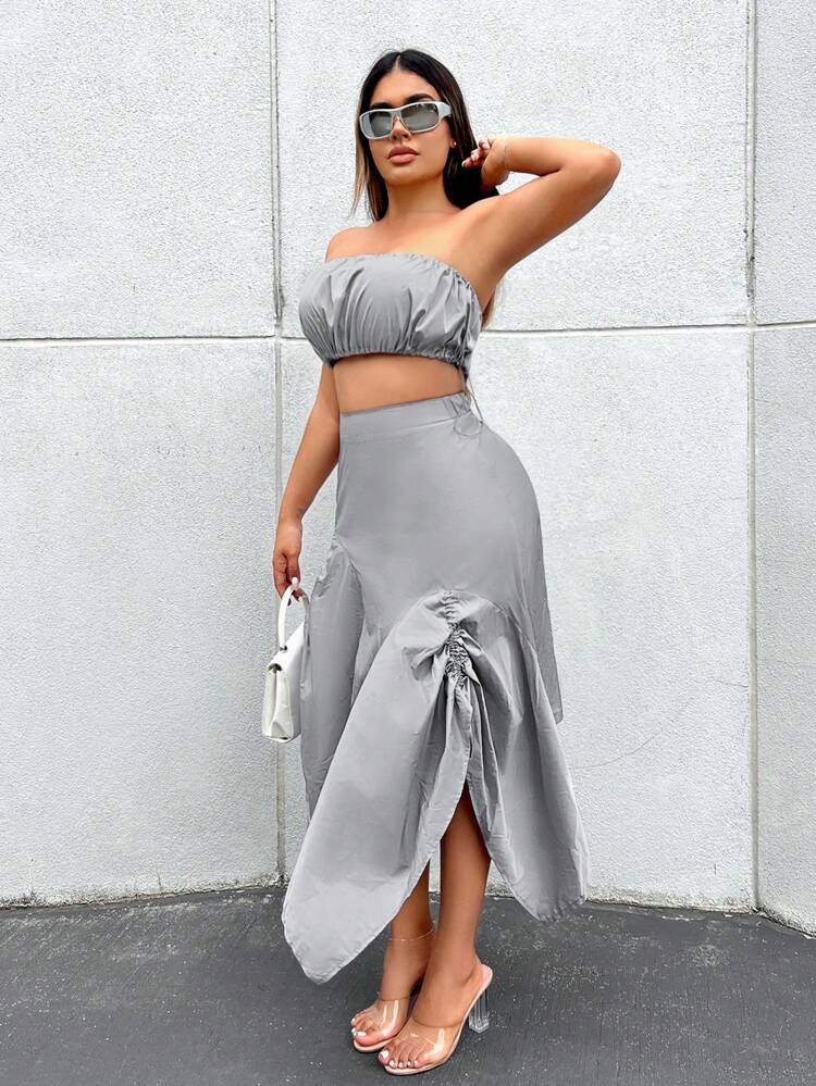Tube Top And Asymmetric Hem Drawstring Parachute Skirt Two Piece Set For Summer