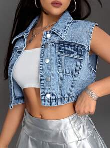 SHEIN ICON Women's Cropped Sleeveless Denim Jacket - Medium Wash - View 5