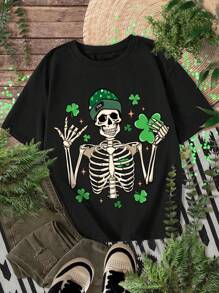 青少年男孩夏季休閒簡約骷髏與幸運草圖案短袖T恤，適用於聖帕特里克節 - 黑色 - 查看 1