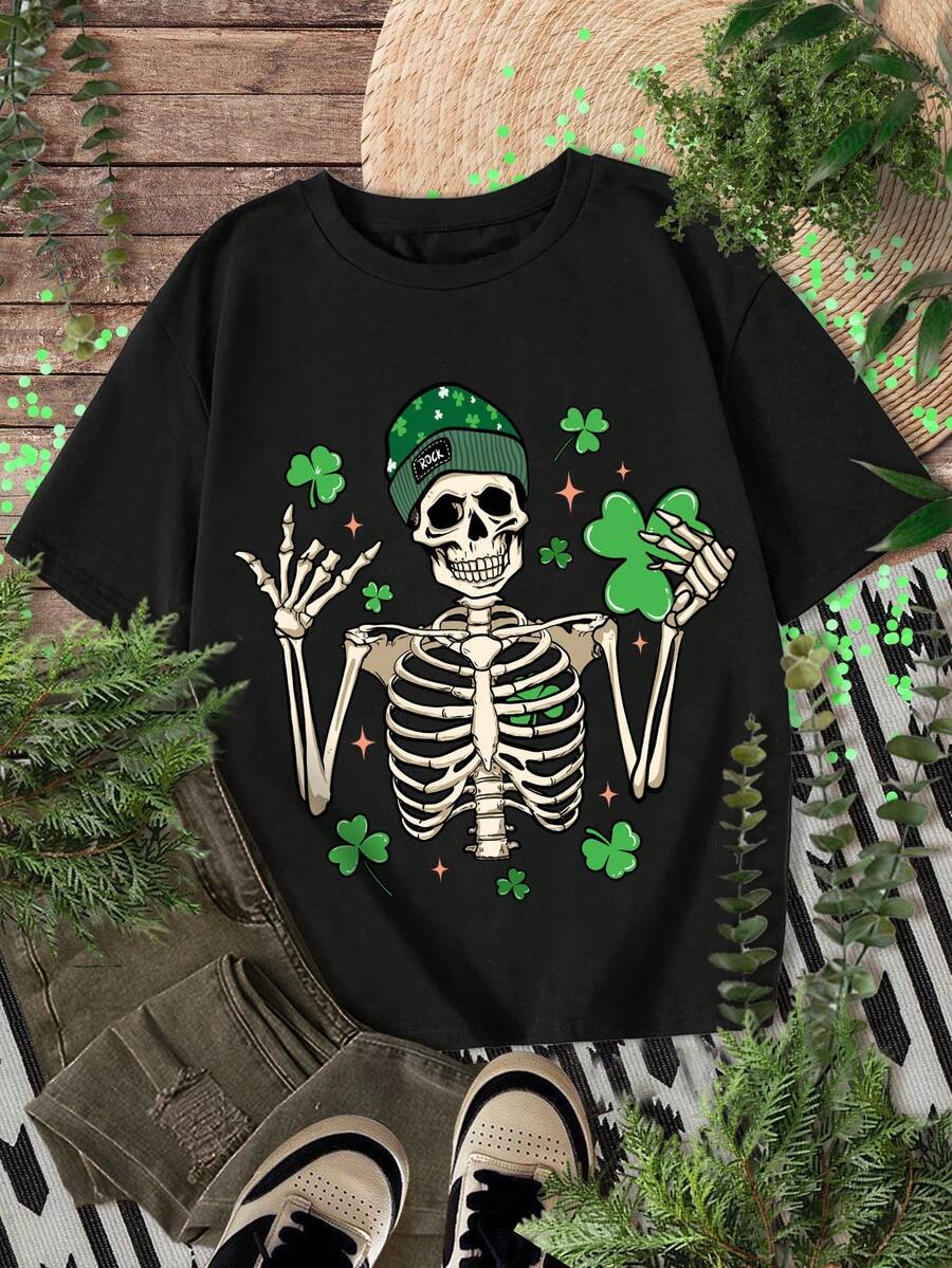 青少年男孩夏季休閒簡約骷髏與幸運草圖案短袖T恤，適用於聖帕特里克節 - 黑色 - 查看 1