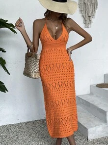 Women Hollow Out Neck Cover Up Dress (Random Floral Pattern) Summer - Burnt Orange - View 7