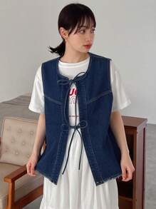 FRIFUL Women's Denim Vest Jacket With Frayed Hem And Drawstring - Blue - View 9