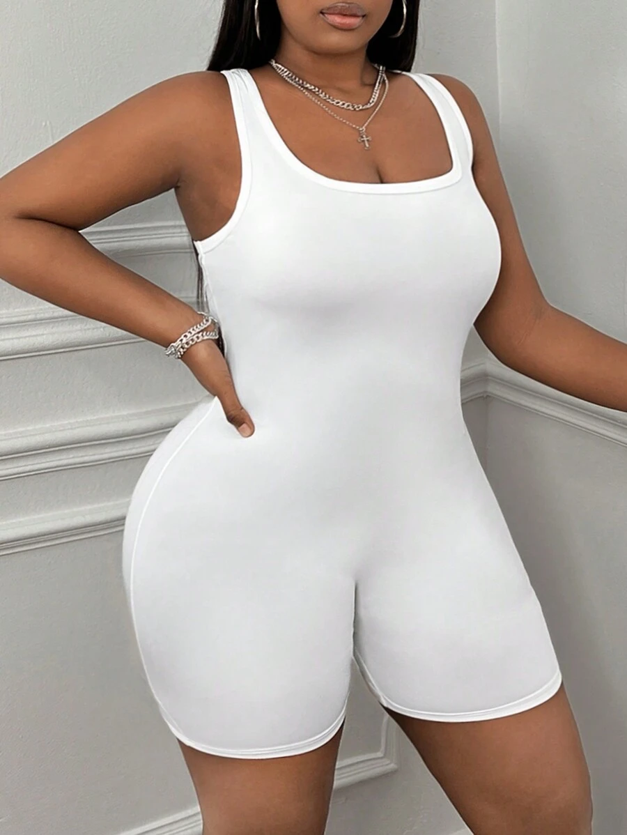 CovetEZ Kích thước lớn Co giãn Đan Yoga Đơn giản Áo liền quần - trắng - Xem 1