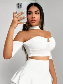 SHEIN SXY Của phụ nữ Off Shoulder Dây Nút kim loại Chi tiết Quần skinny Áo - trắng - Xem 3