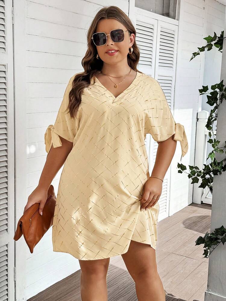 Plus Size Off Shoulder Sleeve Bowknot & Metallic Textured Mini Dress, Perfect For Casual, Wedding Guest, Bridesmaid, Holiday Party, Or Brazilian Carnival