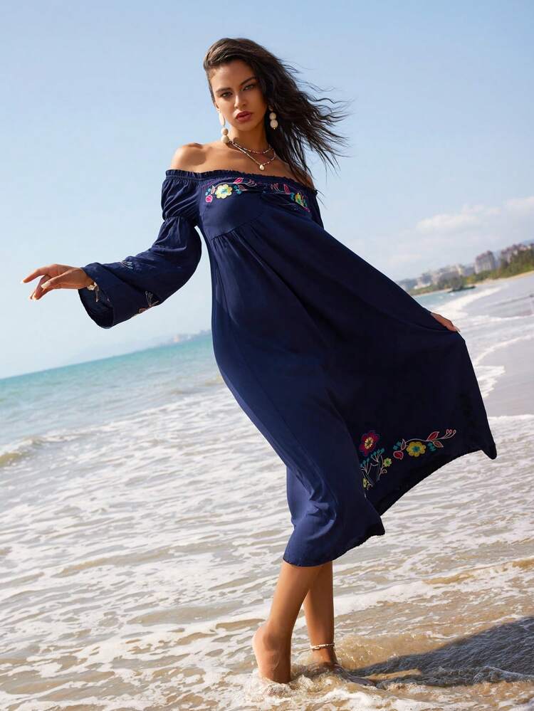 Women's Floral Embroidery Off-The-Shoulder Flare Sleeve Dress With Frill Trim