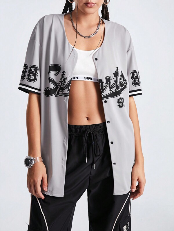 SHEIN Sports Women's Letter Printed Drop Shoulder Short Sleeve Sports Jacket