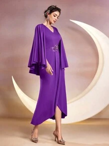 Modelyn 女士 V 领斗篷袖阿拉伯连衣裙长款晚礼服 - 紫色 - 查看 5