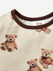 Cozy Pixies Baby Boy Snug Fit Pajama, Cartoon Bear Printed Color Block Round Neck Short Sleeve Top & Casual Shorts, Fit PJ Homewear Set