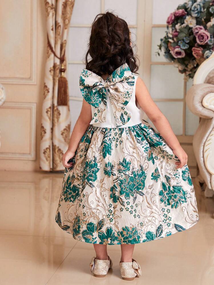 Young Girl's Cute Jacquard Patchwork Sleeveless Dress With Round Neck, Detachable Bowknot On Back, Mid-Calf Length