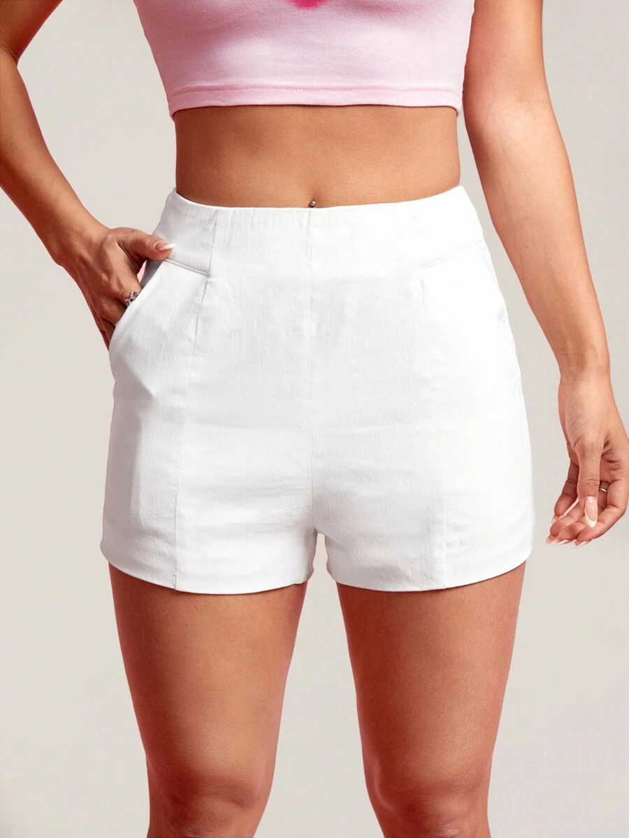 SHEIN PETITE Women's Solid Color Shorts With Slanted Pockets - White - View 1