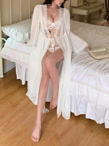 DAZY 女士浪漫蕾丝与网眼撞色睡袍 - 白色 - 查看 8