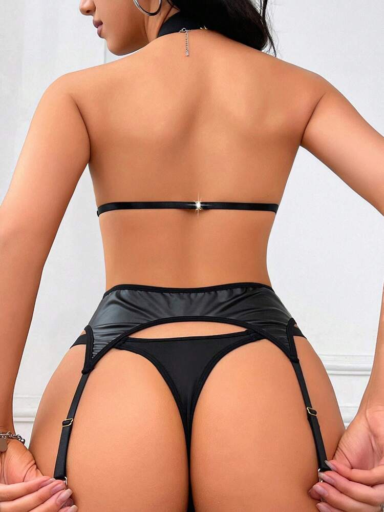 Women's Goth Zipper Detail Halter Neck Sexy Lingerie Set