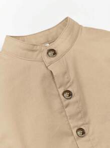 Cozy Pixies Baby Boy Stand Collar Solid Dress Shirt With Front Button - Khaki - View 3