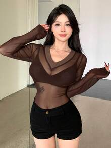 DAZY Của phụ nữ Đan Vá lại Lưới trong suốt Áo - Cà phê nâu - Xem 4